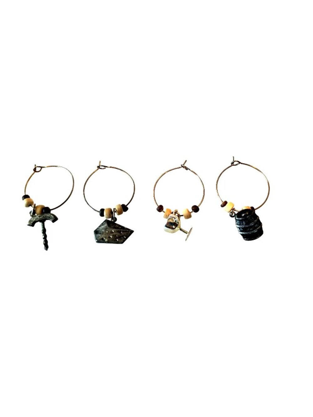 Wine Charms 1"  Charm Beads Silver Hoops Set of 4  Corkscrew Wine Glass Cheese B